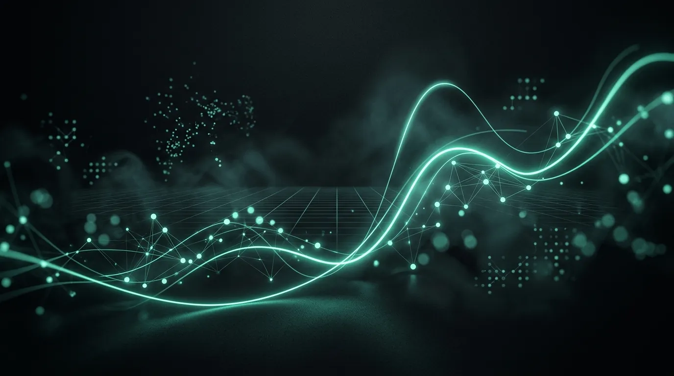 Glowing teal curves and connected dots rising across a dark grid.