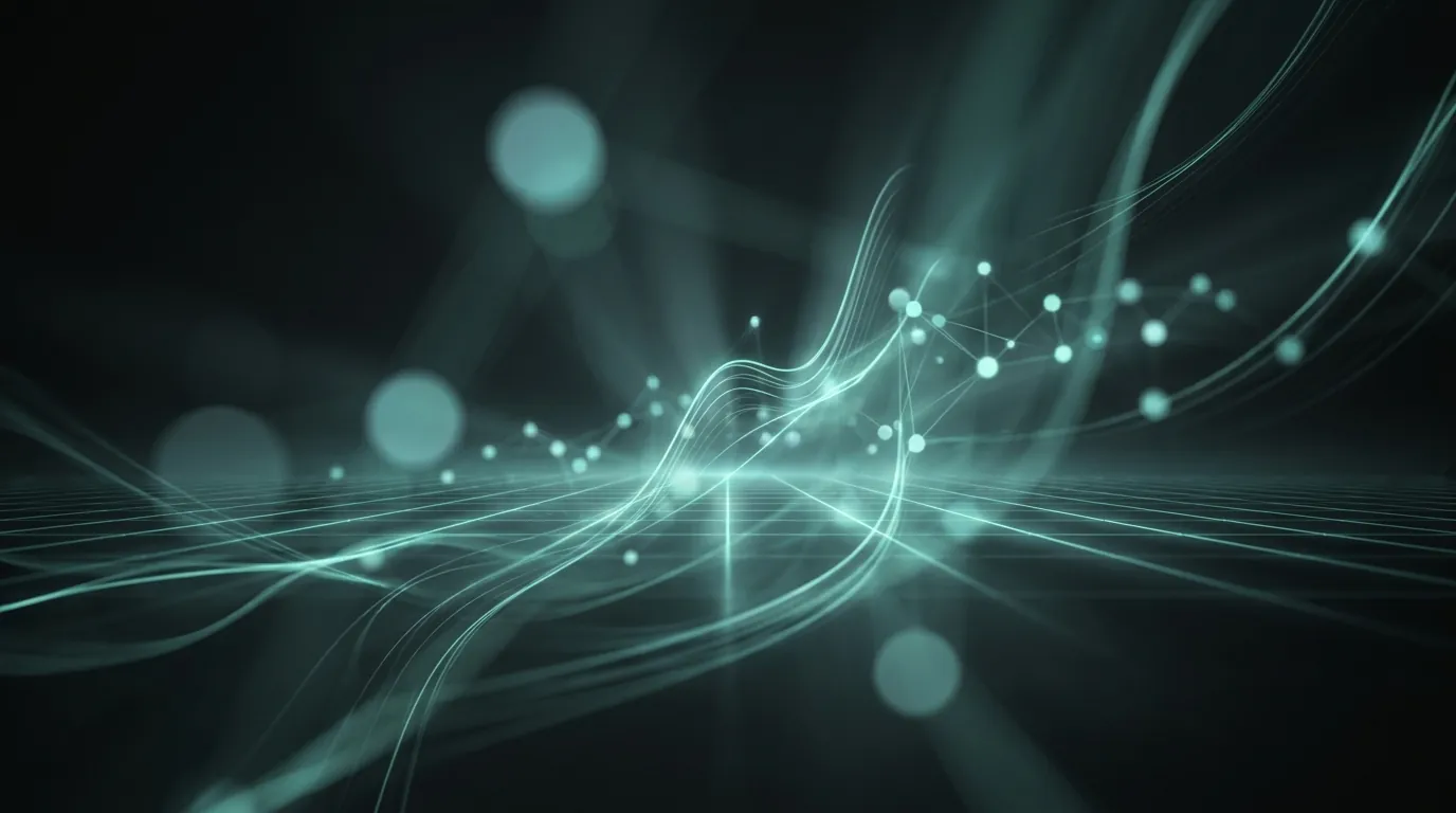 Thin teal curves, connected dots, and soft light over a dark perspective grid.