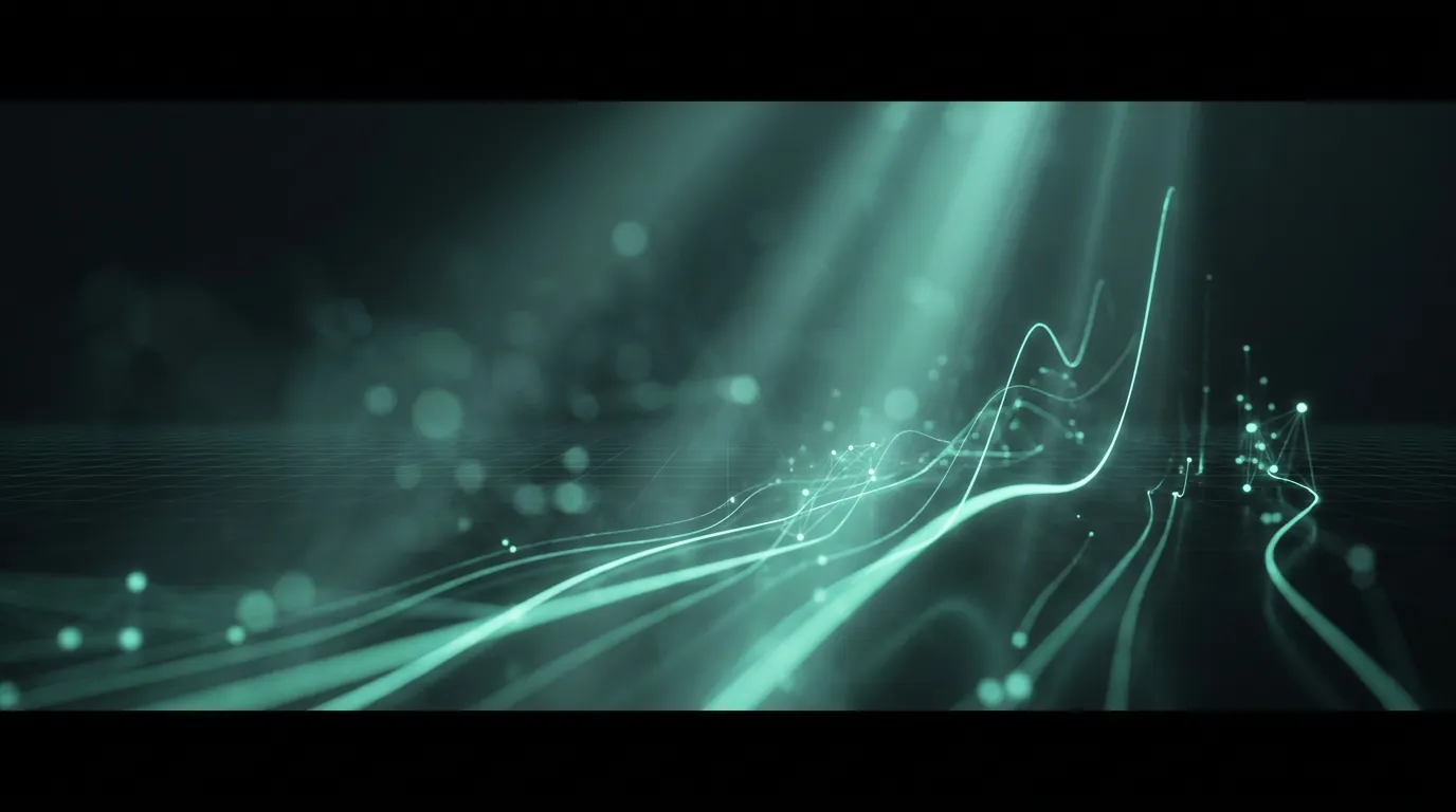 Teal lines and small connected dots curve upward across a dark, softly lit grid.