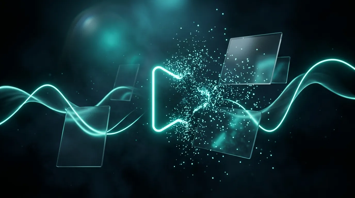 A glowing teal play outline dissolves into particles between translucent rectangular panels.