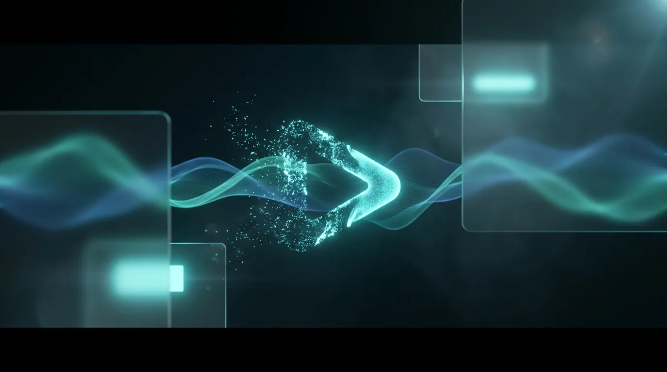 Teal particles form a play-shaped arrow between translucent panels and blue-green waves.