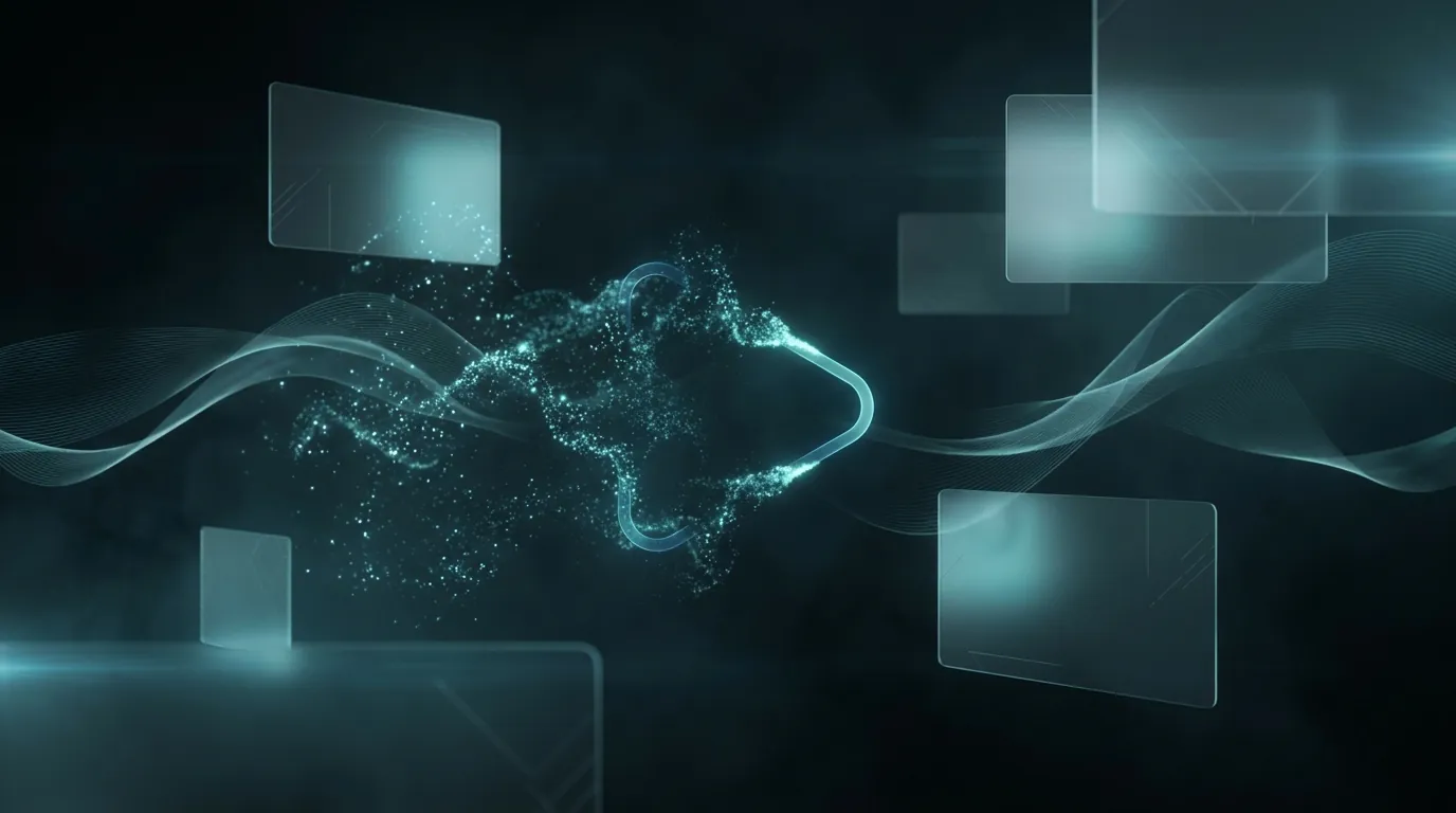 A teal play-shaped outline and scattered particles among translucent panels and flowing waves.
