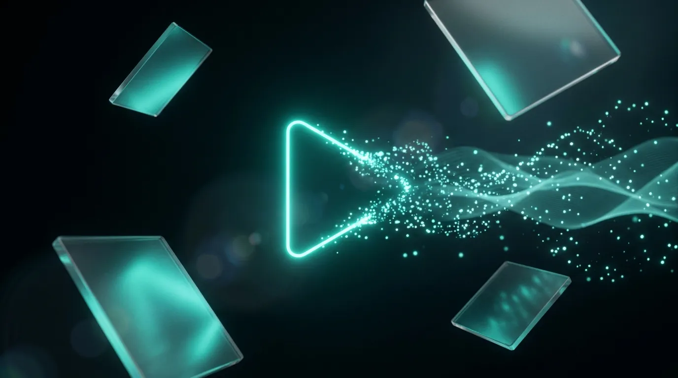 A glowing teal play outline trails particles between four translucent rectangular panels.