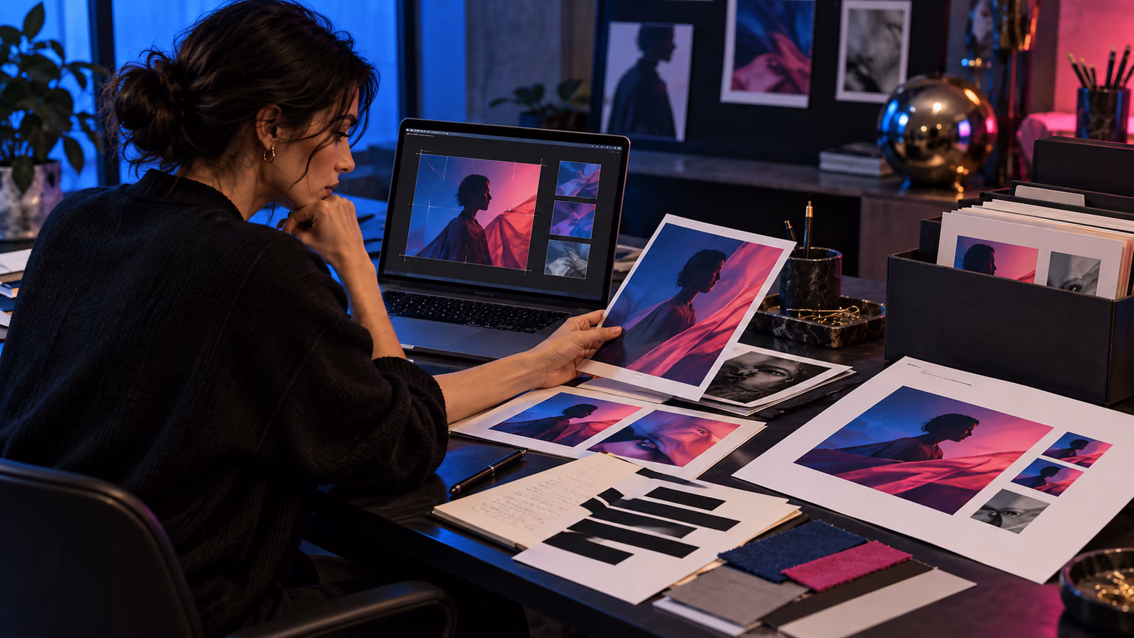 Creative director reviewing a versioned asset handoff between an AI chat, image editor, PDF review, and final delivery folder