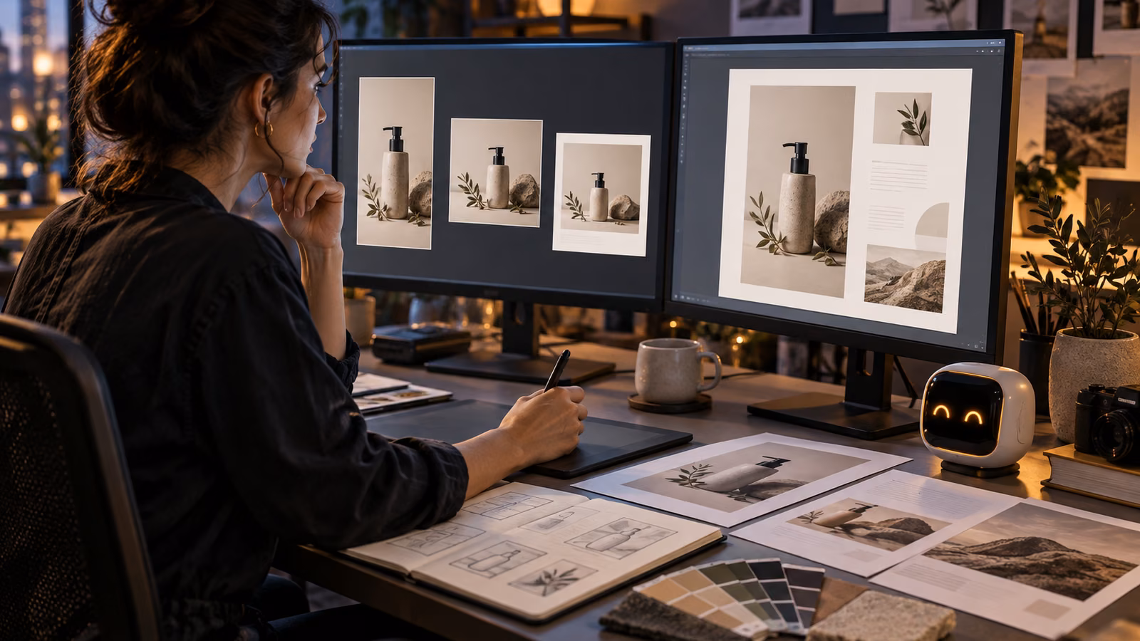 Designer reviewing vertical, square, and document versions of one product image beside printed proofs and a pocket AI companion