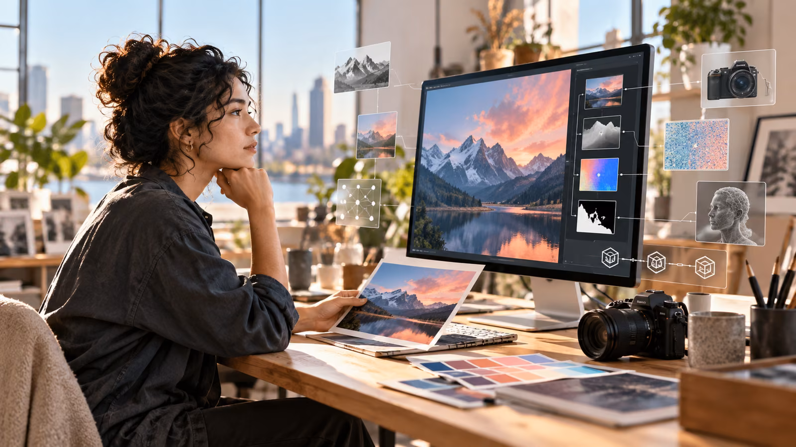 Visual artist reviewing an AI-assisted landscape, camera source, metadata, and provenance chain in a sunlit studio