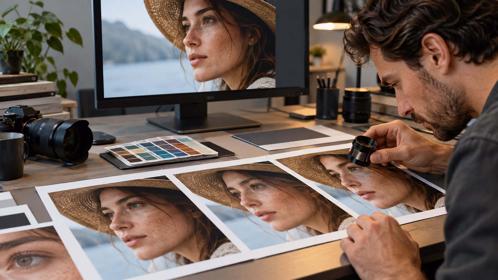 Photo editor using a loupe to compare three large proofs of the same portrait beside a calibrated monitor, camera, and color swatches
