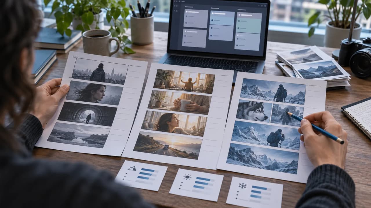 Illustrative AI-generated photo of a laptop, campaign folders, and evaluation scorecards on a creative worktable
