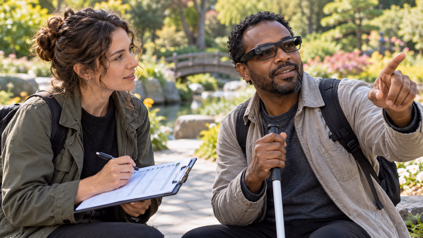 Accessibility researcher and person with low vision testing smart glasses together in a public garden