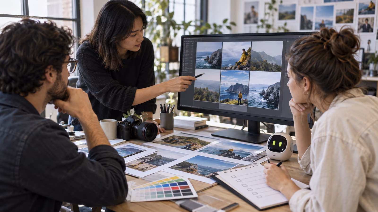 Creative team comparing image variations and printed proofs beside a camera and pocket AI companion