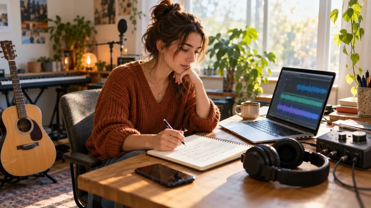 Illustrative AI-generated photo of a musician writing release notes beside a laptop waveform, guitar, phone, and headphones