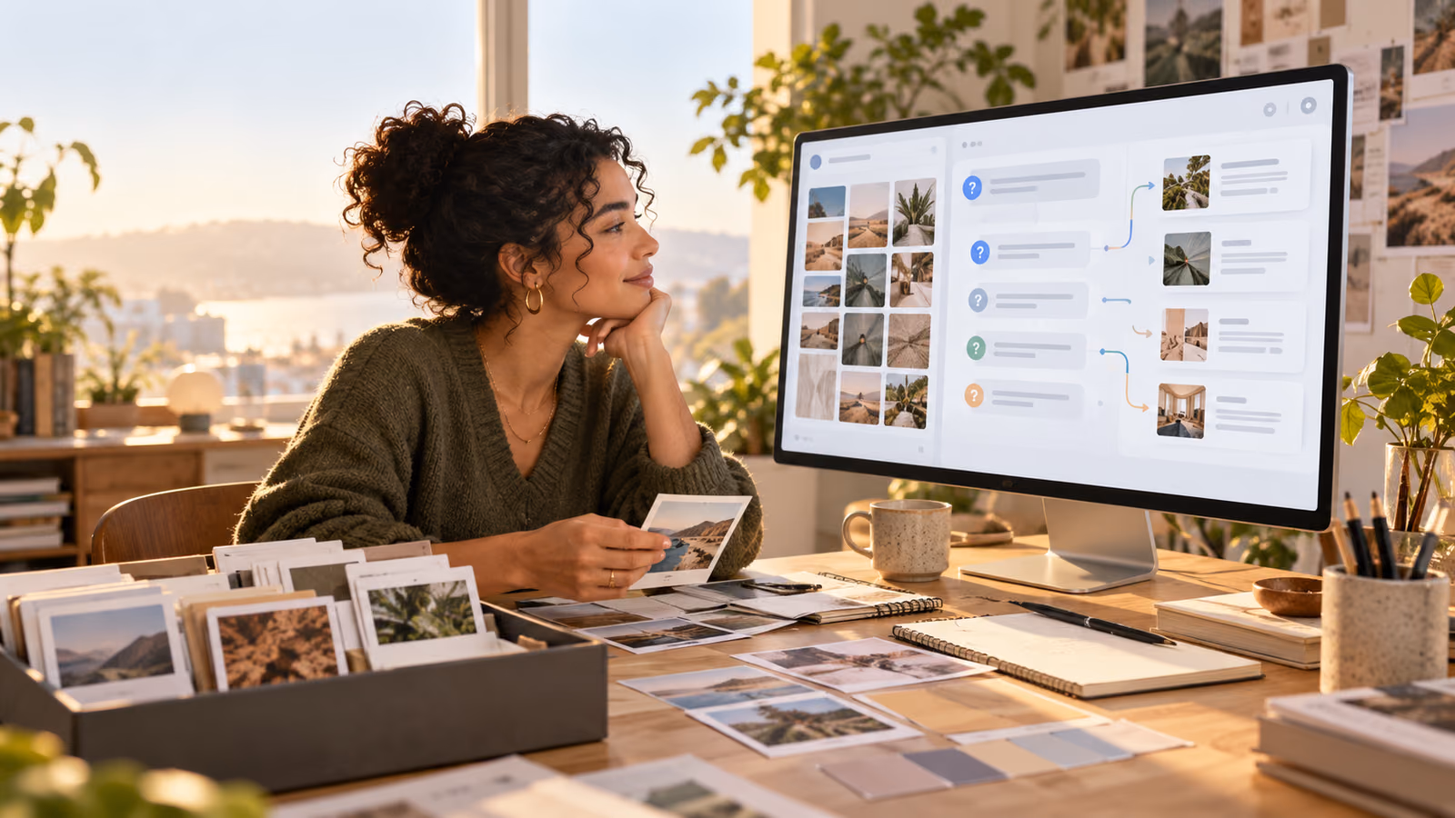 Creator moving archived idea cards into a question and evidence workflow on a large studio monitor