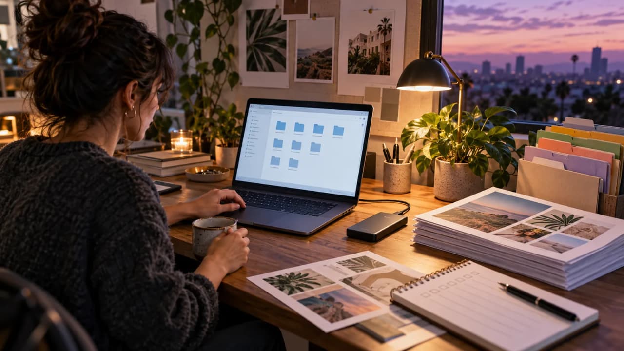 Illustrative AI-generated photo of a laptop, labeled folders, and an external SSD on a campaign planning desk