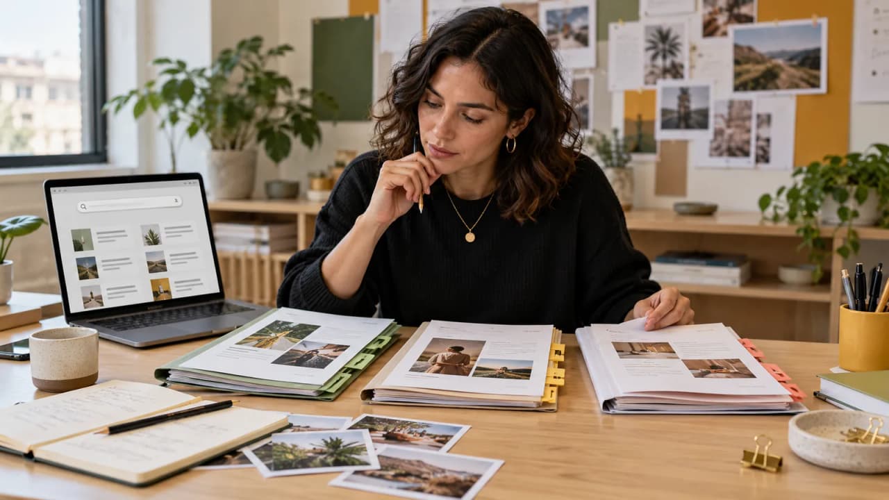 Illustrative AI-generated photo of a creative producer comparing three tabbed campaign briefs beside a laptop and workshop photos