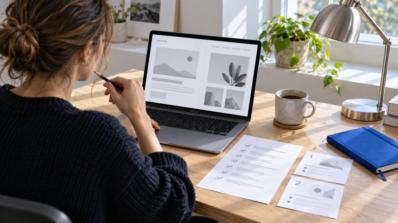 Illustrative AI-generated photo of a developer reviewing a laptop form draft beside a paper acceptance checklist