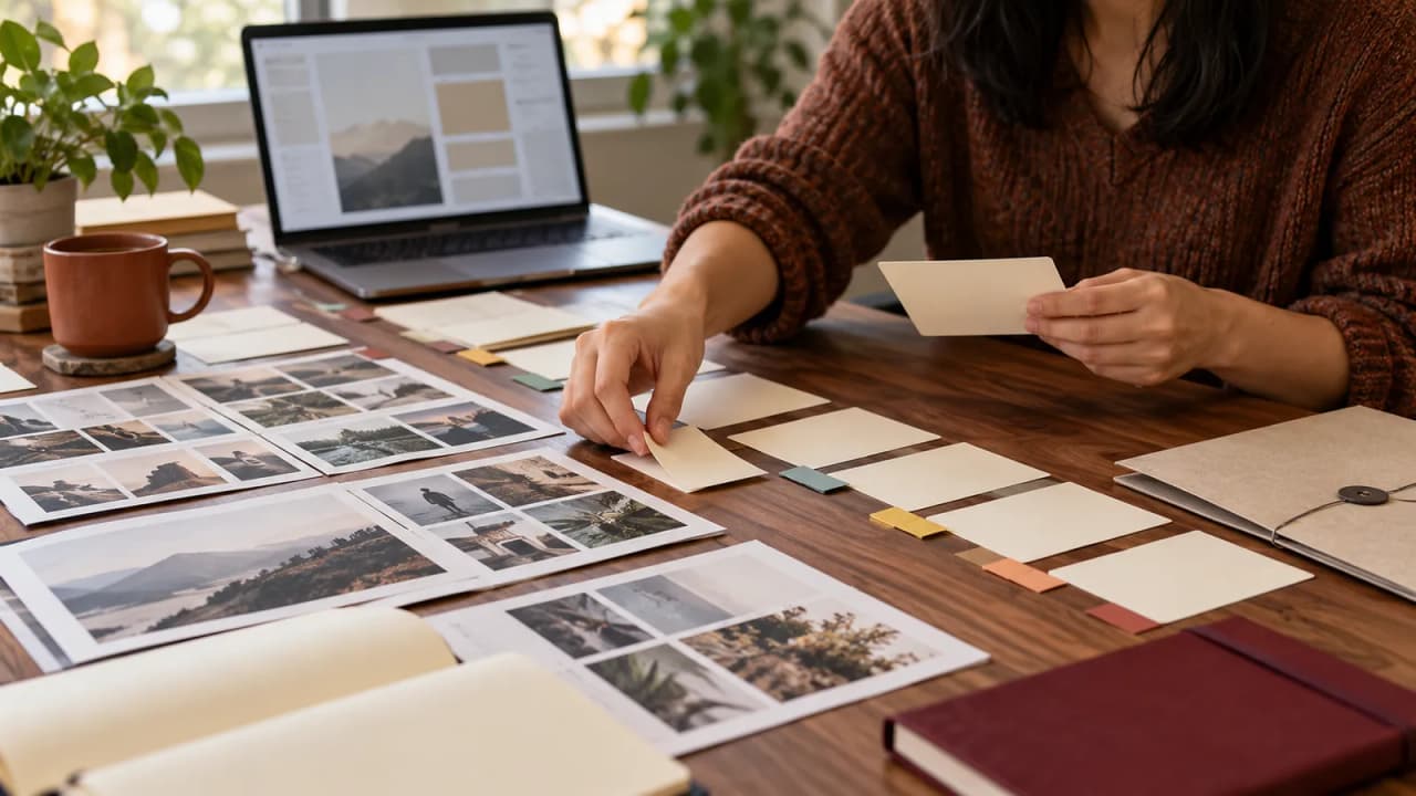 Illustrative AI-generated photo of project decision cards, reference photos, and a burgundy notebook beside a laptop