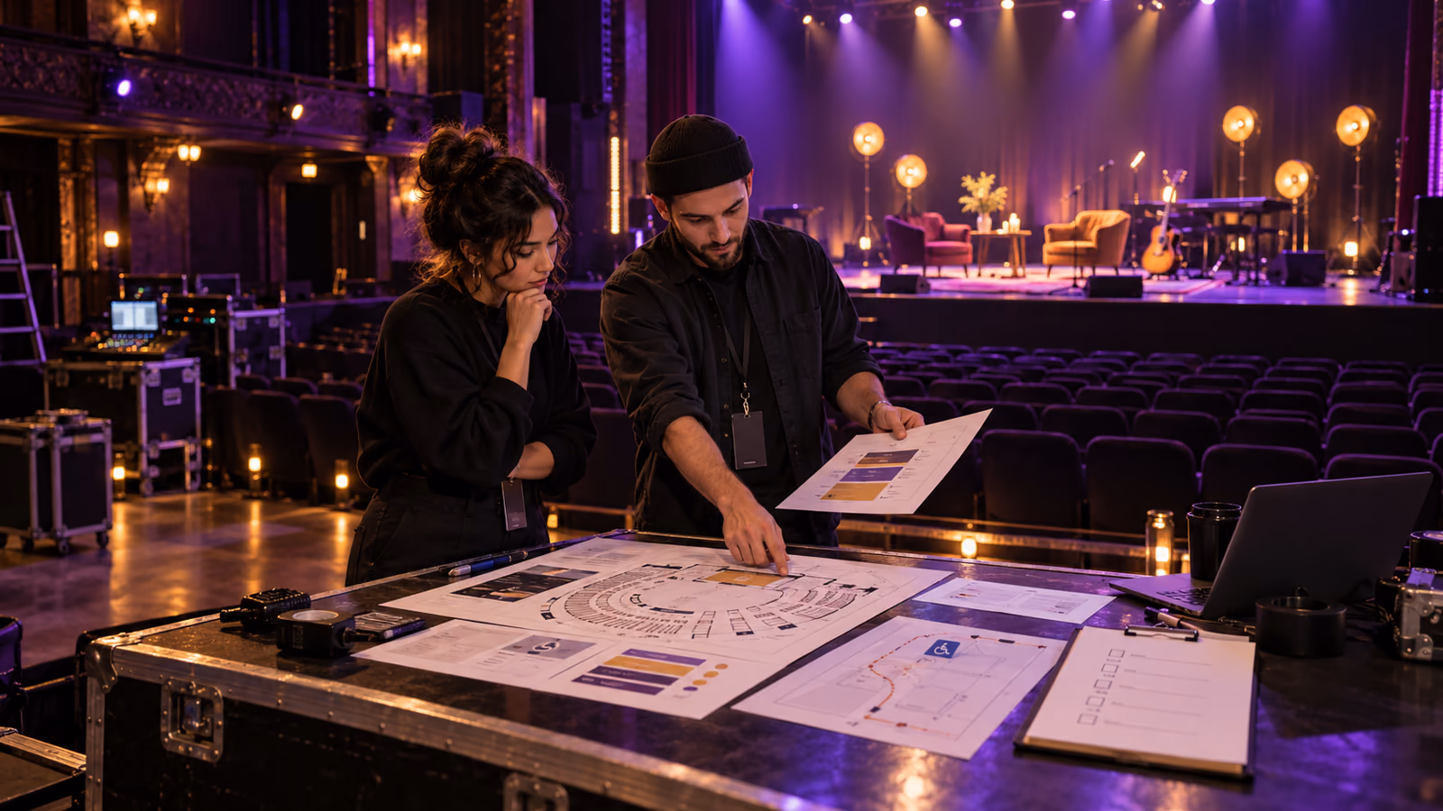 Creator and event producer reviewing a live-show dossier with venue plan, ticket tiers, safety route, staffing, and cancellation terms