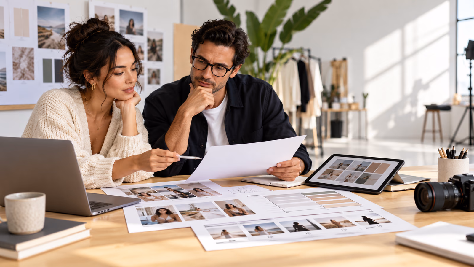 Creator and business manager reviewing a media kit, campaign storyboard, rights matrix, and rate card