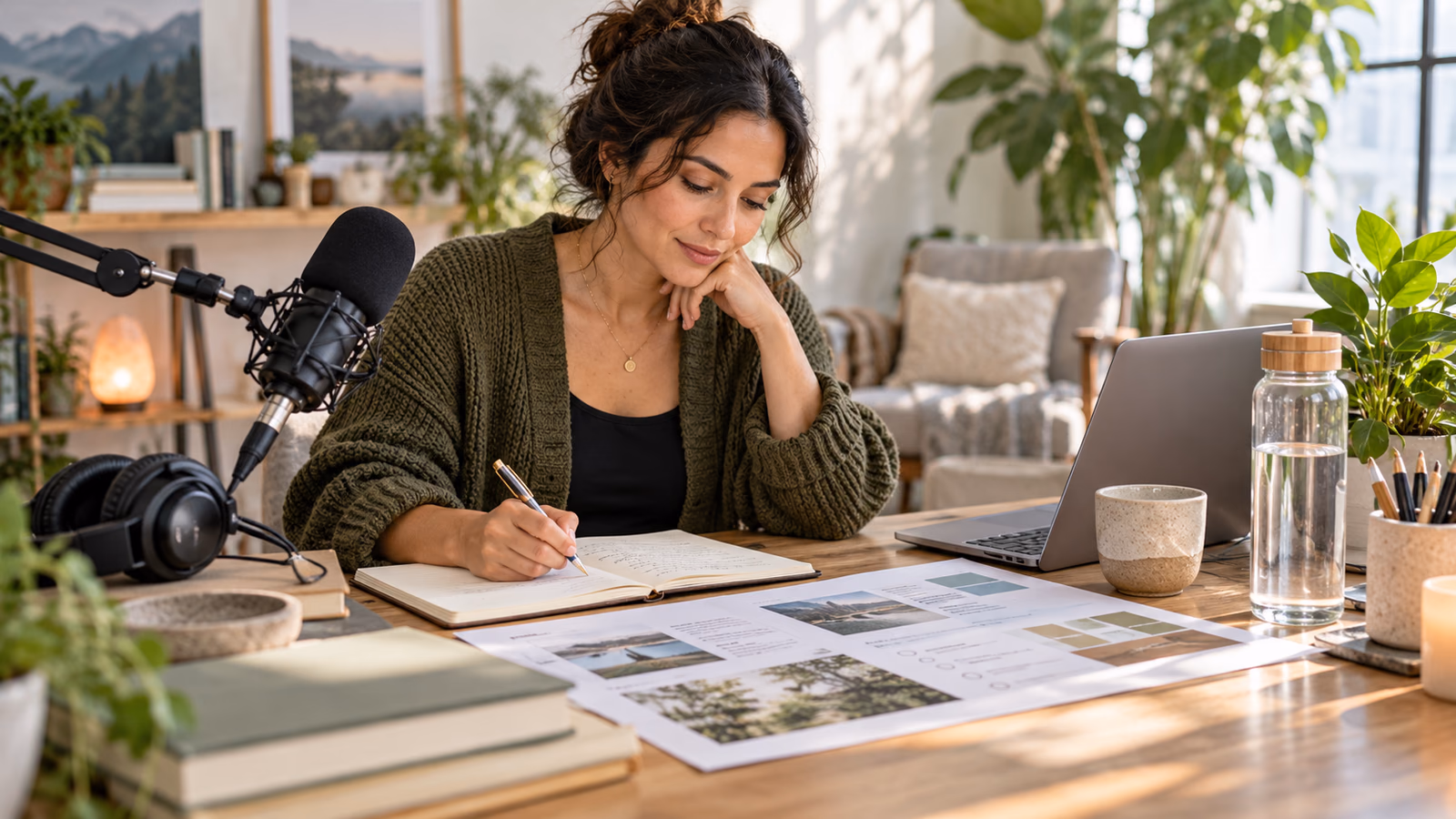 Podcast creator calmly preparing a sensitive wellness episode with a resource checklist in a bright studio