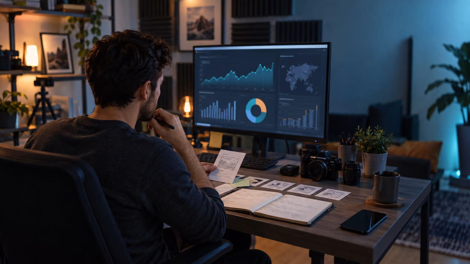 Creator comparing storyboard cards and audience notes beside abstract performance charts on a monitor in a calm evening studio