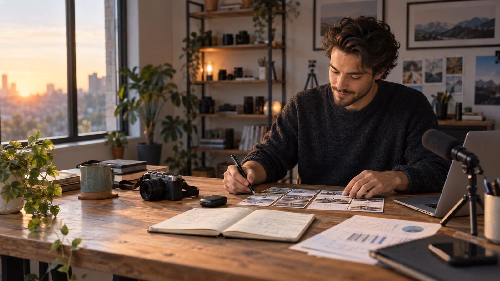 Creator arranging storyboard cards, analytics notes, a camera, microphone, and a small black pocket AI companion at a warm studio desk