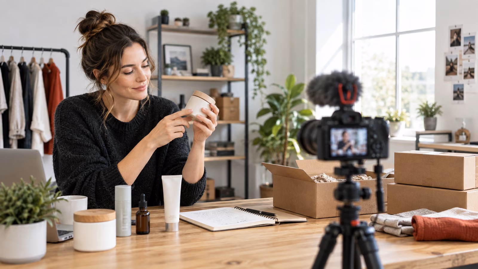 Creator reviewing neutral product samples beside a camera, shot list, and shipping boxes in a bright working studio