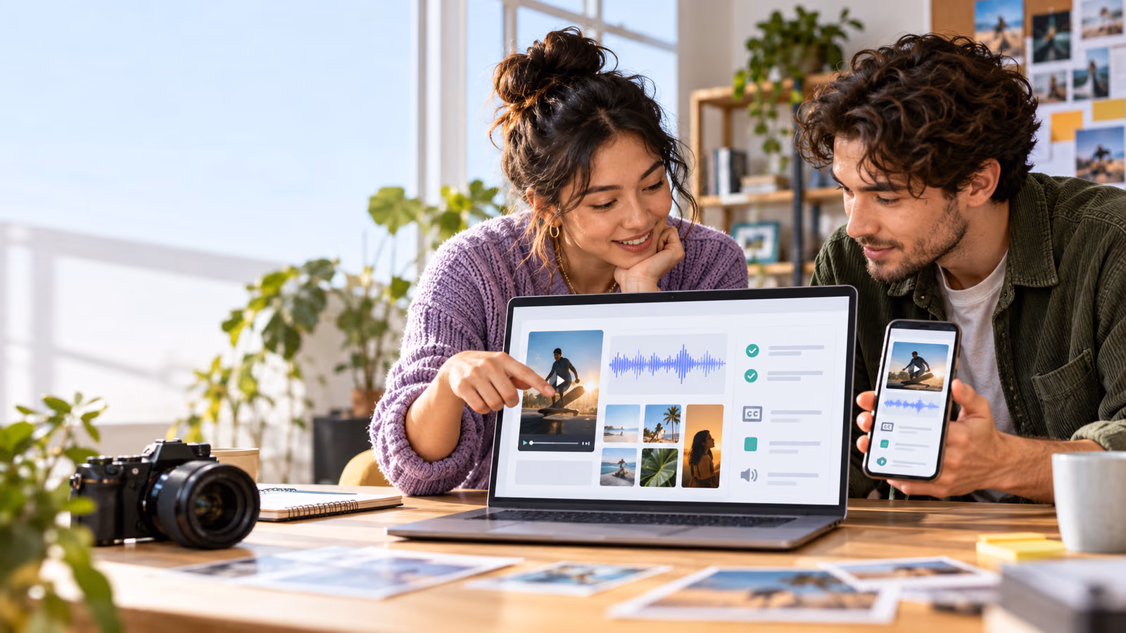 Two creators reviewing a compact video, audio waveform, image thumbnails, and accessibility checklist on a laptop and phone