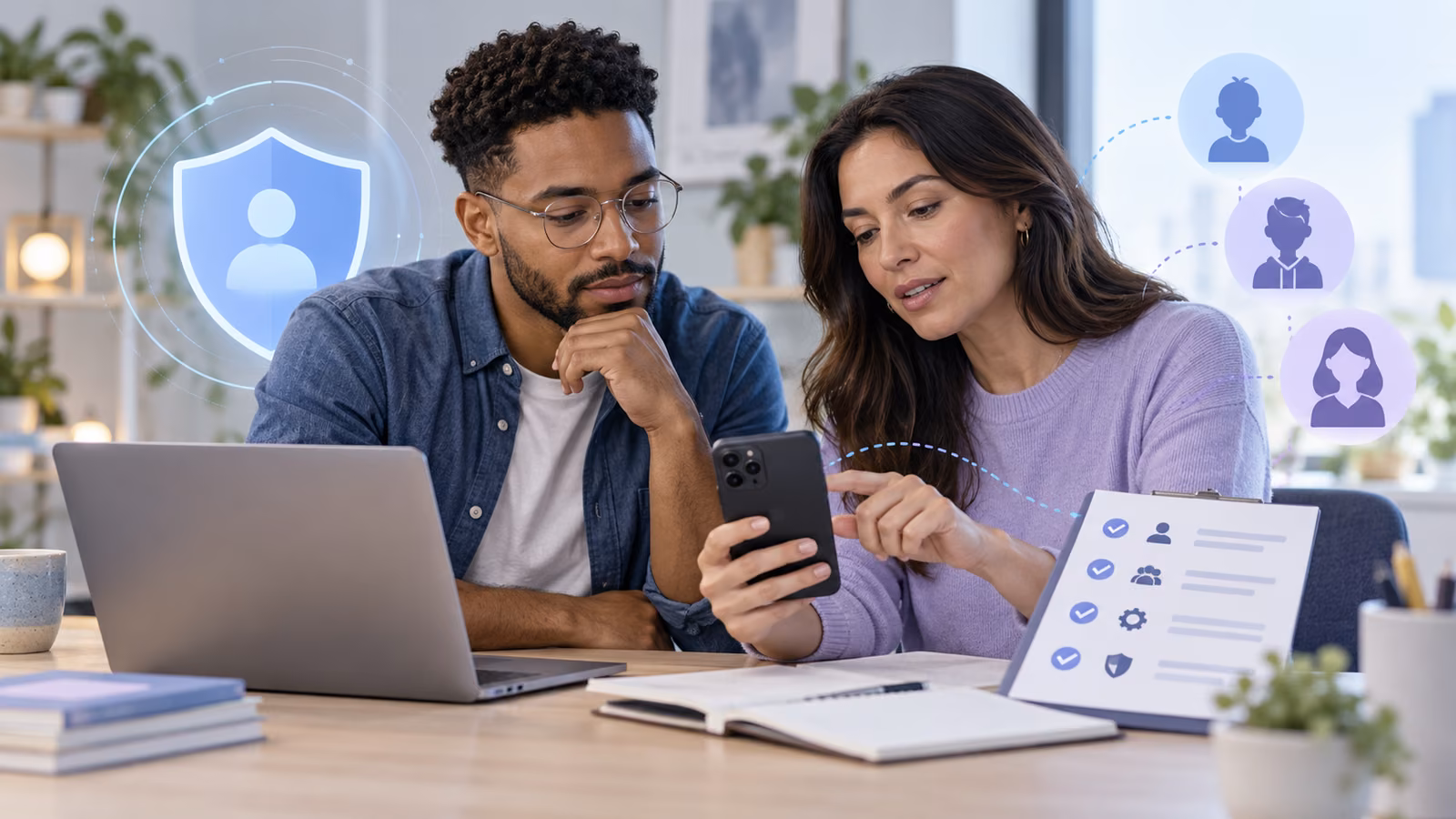 Community manager and parent educator reviewing a privacy-first age assurance checklist on a phone and laptop