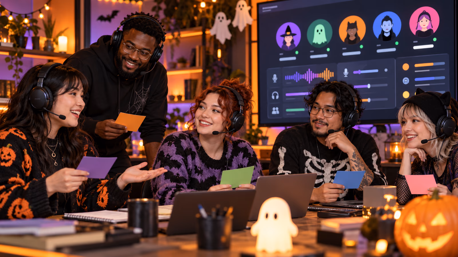 Community moderators rehearsing a Halloween voice event with role cards and safety controls