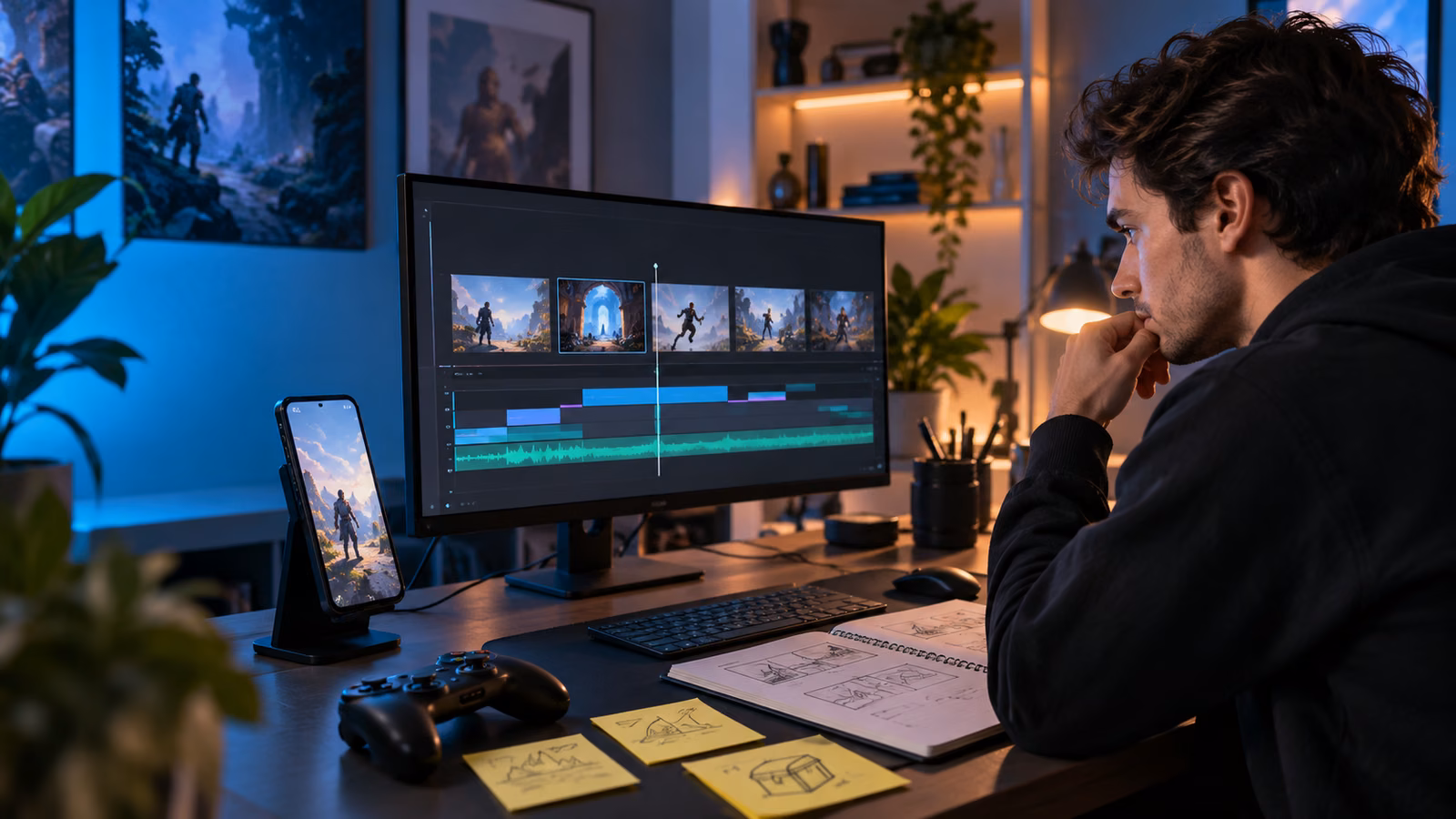 Gaming video editor reviewing a fantasy gameplay timeline beside a phone, controller, storyboard notes, and warm blue studio lights