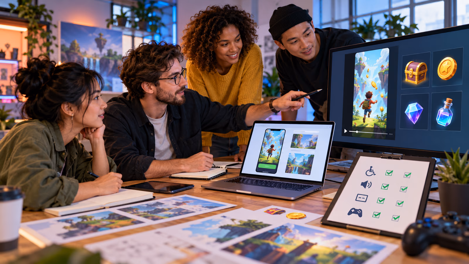 Indie game team reviewing a vertical trailer, reward concepts, landing page, and accessibility checks across mobile and desktop screens