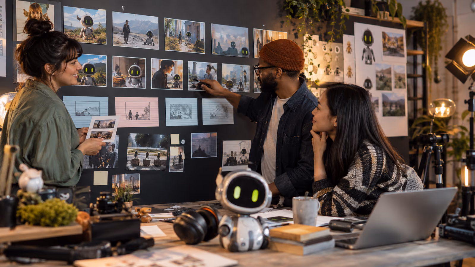 Creator team arranging recurring episode cards and production gear around a small expressive pocket AI companion
