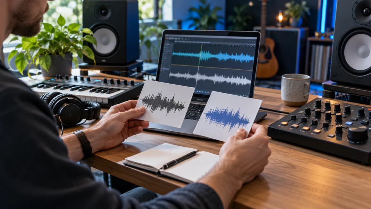 Illustrative AI-generated photo of a producer comparing waveform cards beside a laptop, synthesizer controls, and studio speakers