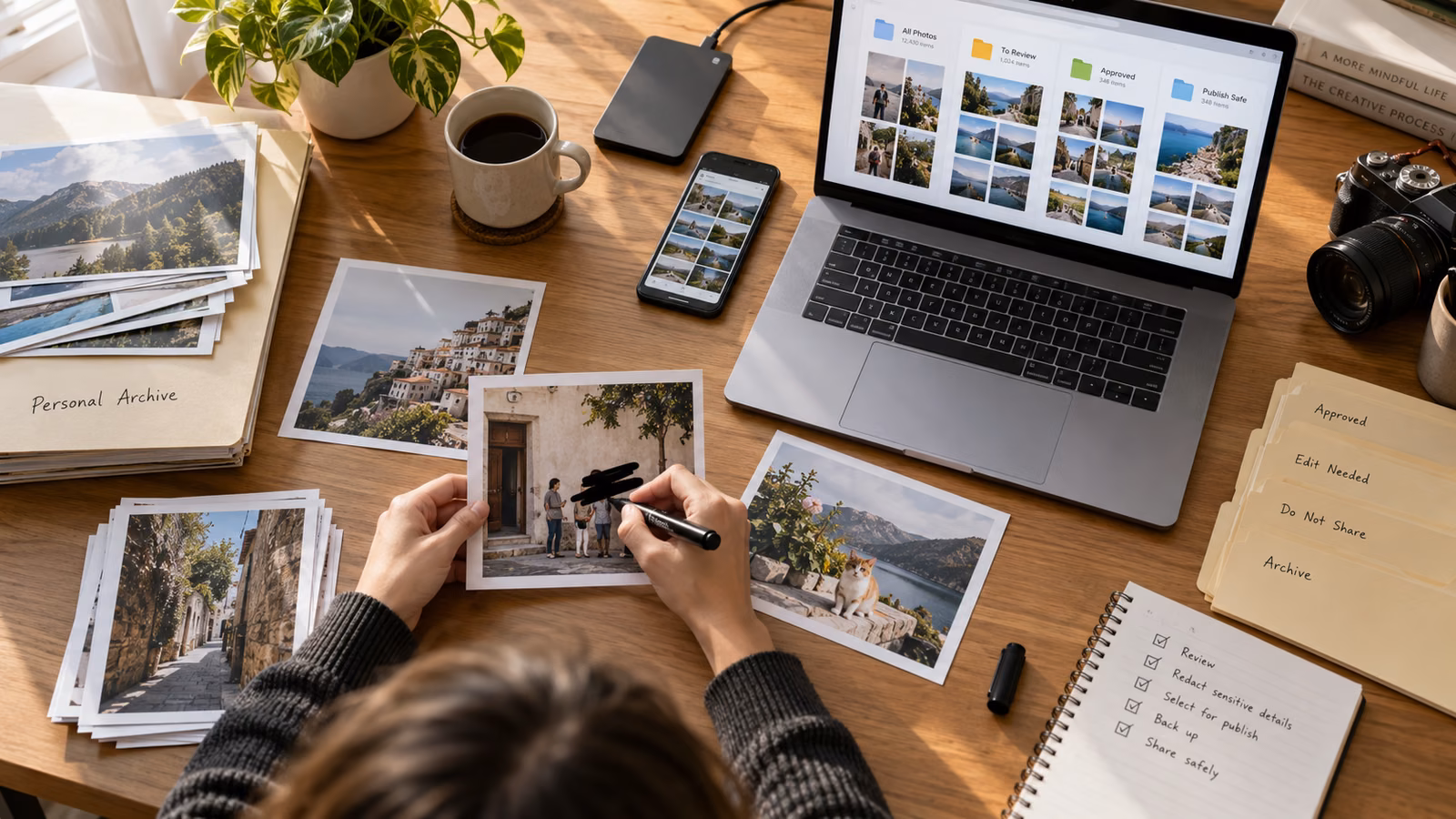 Creator redacting people on a travel photo while sorting approved and private prints beside a laptop, phone, camera, and external drive