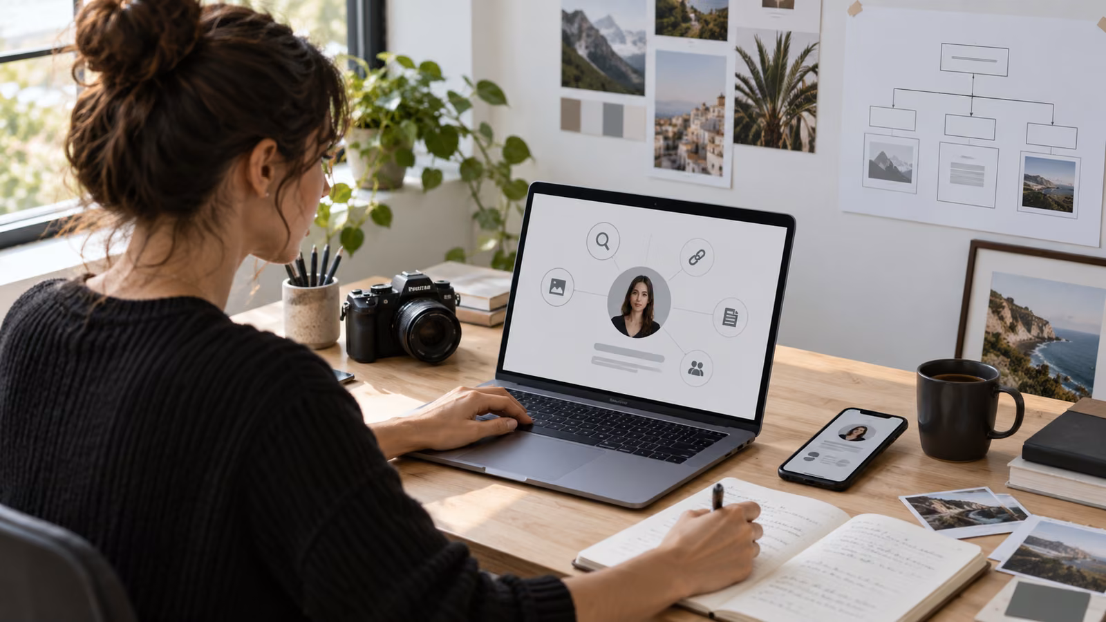 Creator organizing verified social profiles, biography notes, featured posts, and a connected Google Search identity card
