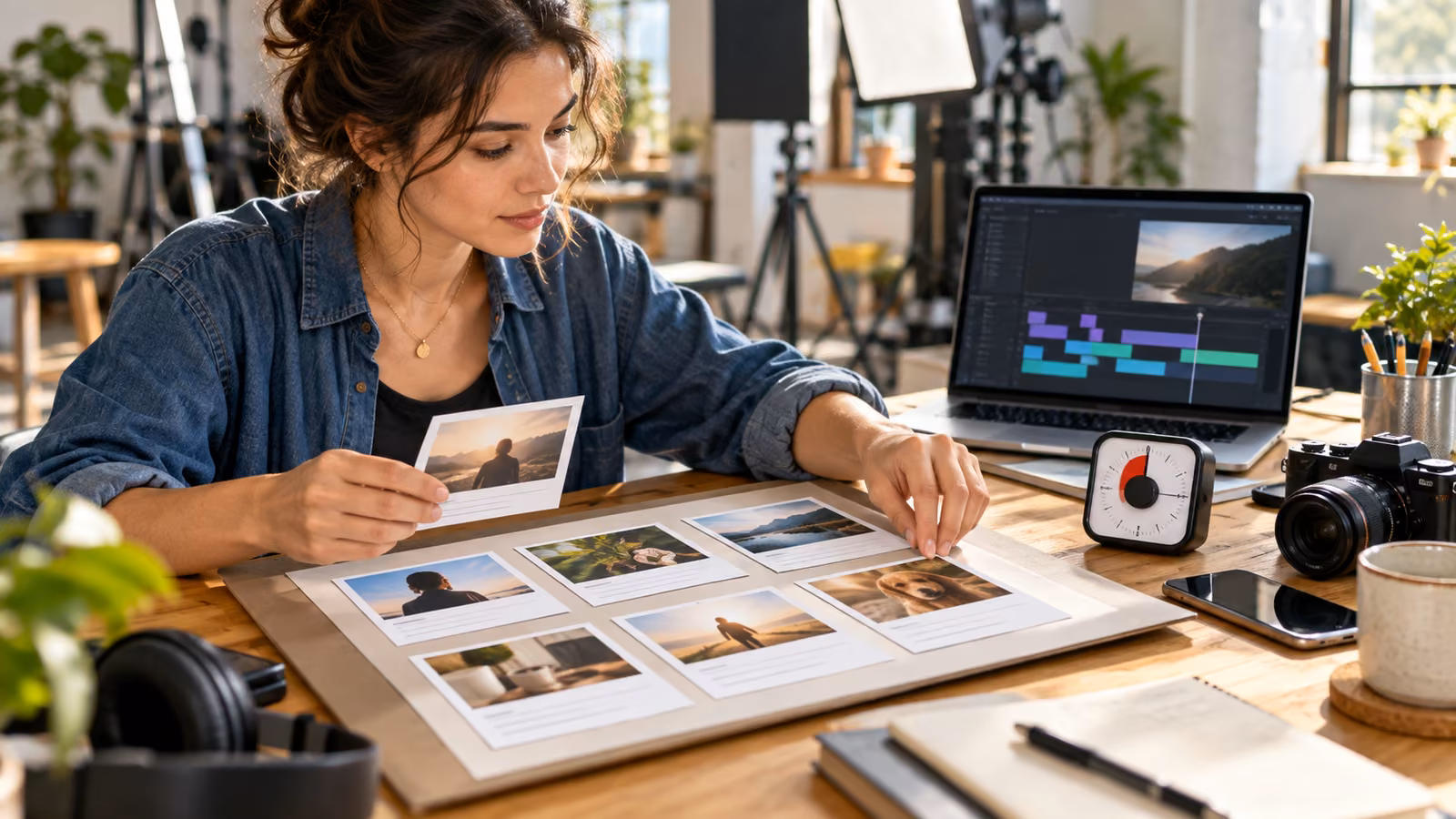 Creator arranging six printed storyboard cards beside a laptop video timeline, camera, phone, and desk timer in a bright studio