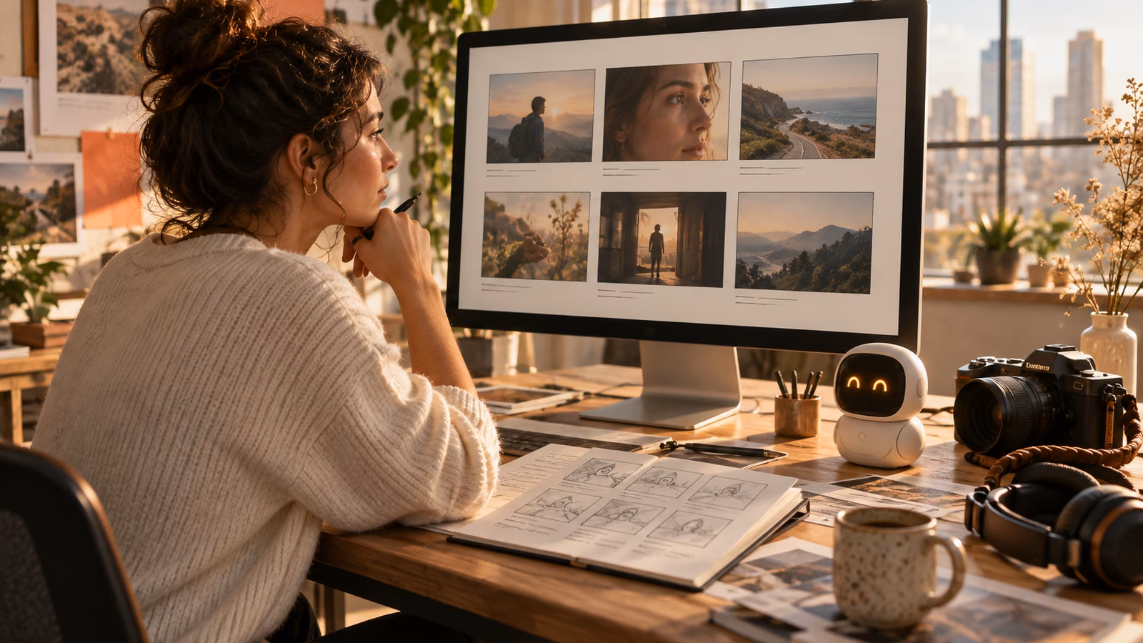 Video creator reviewing a six-frame storyboard in a sunlit studio beside a camera and a small expressive pocket AI companion