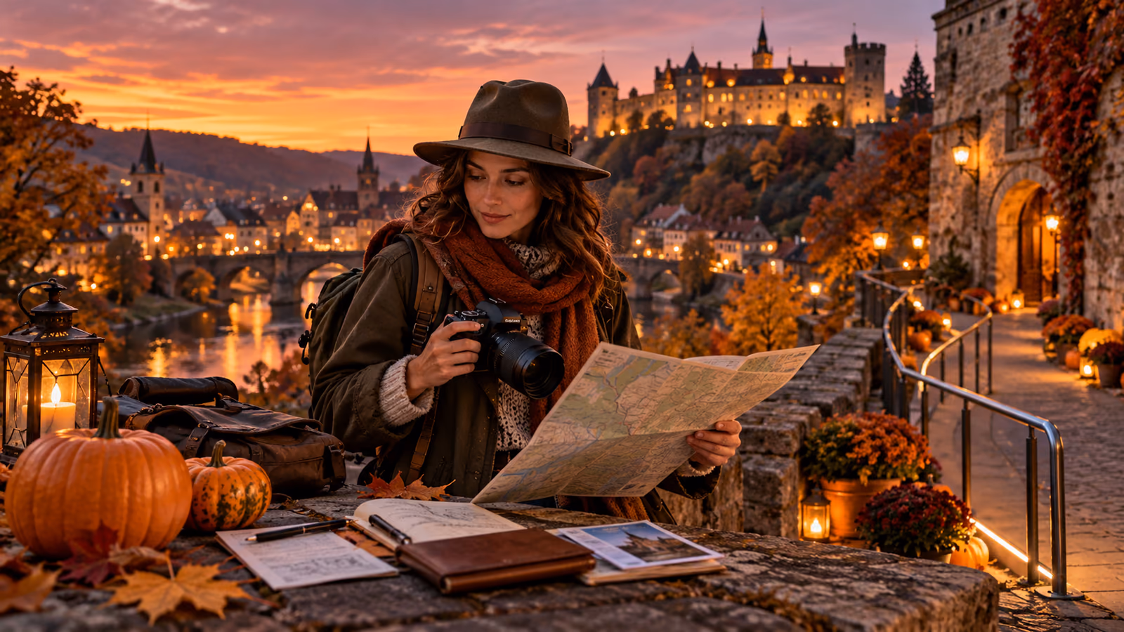 Travel creator reviewing a Halloween location brief with map, filming permission, accessibility notes, booking disclosure, and night-safety plan