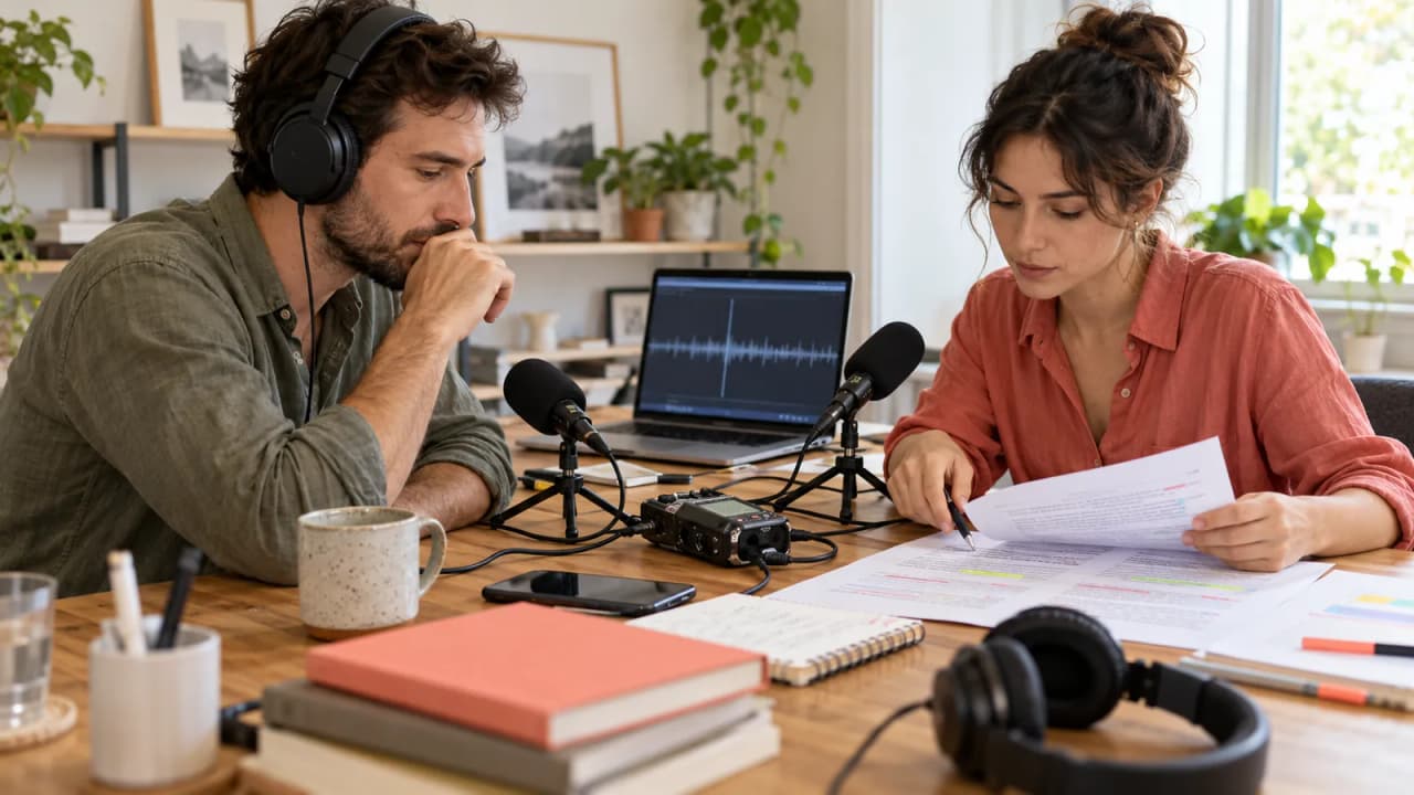 Illustrative AI-generated photo of two editors reviewing an interview recording with microphones, headphones, and a marked transcript
