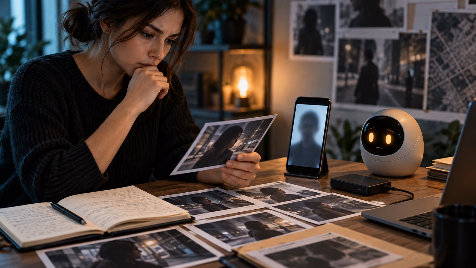 Creator organizing timestamped evidence and frame captures for a synthetic likeness review beside a serious pocket AI companion