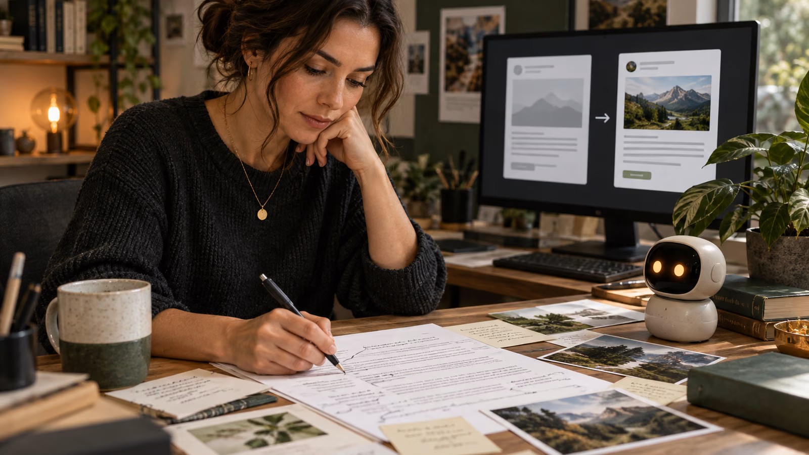Business creator adding specific examples and evidence to a draft beside an abstract before-and-after post and a pocket AI companion