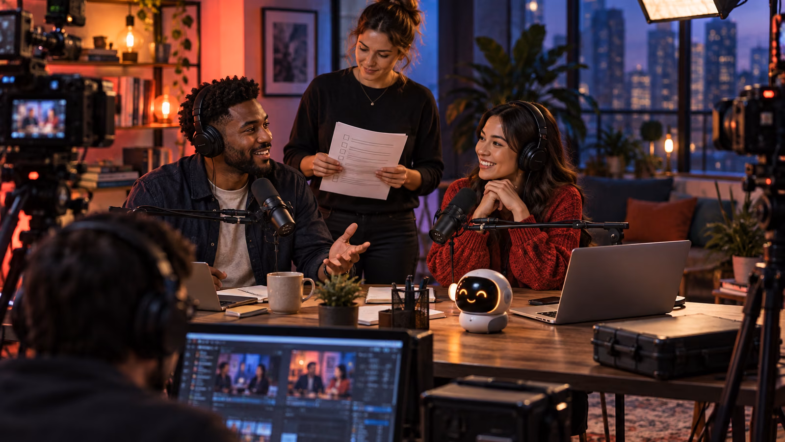 Two creators and a producer rehearsing a live co-host broadcast with cameras, microphones, a backup laptop, and a pocket AI companion