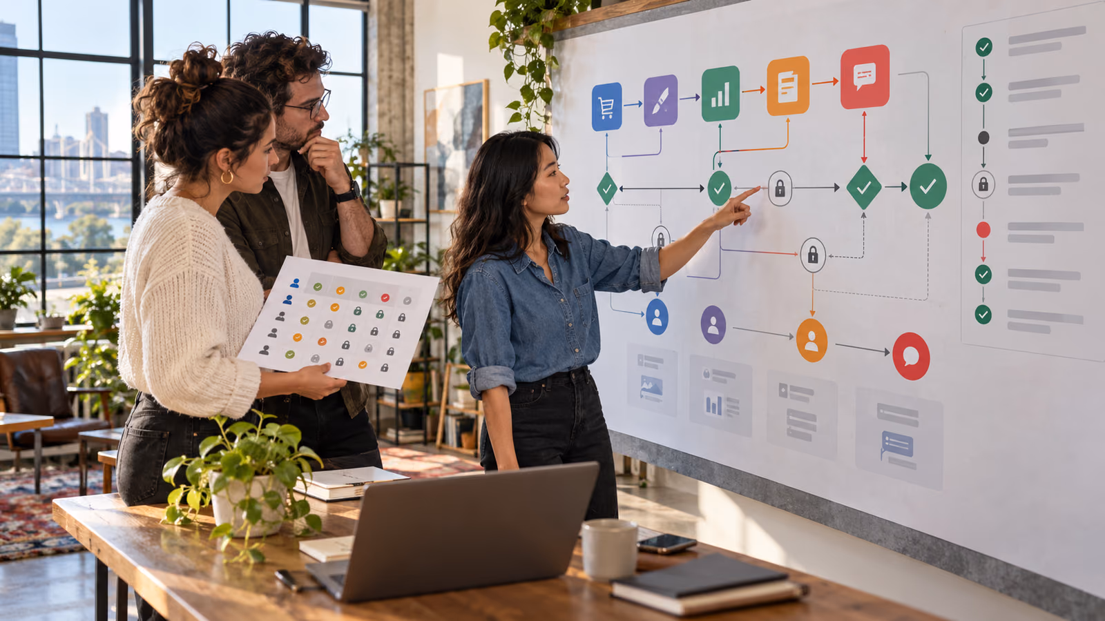 Small business creator mapping approval gates between commerce, design, analytics, and social tools
