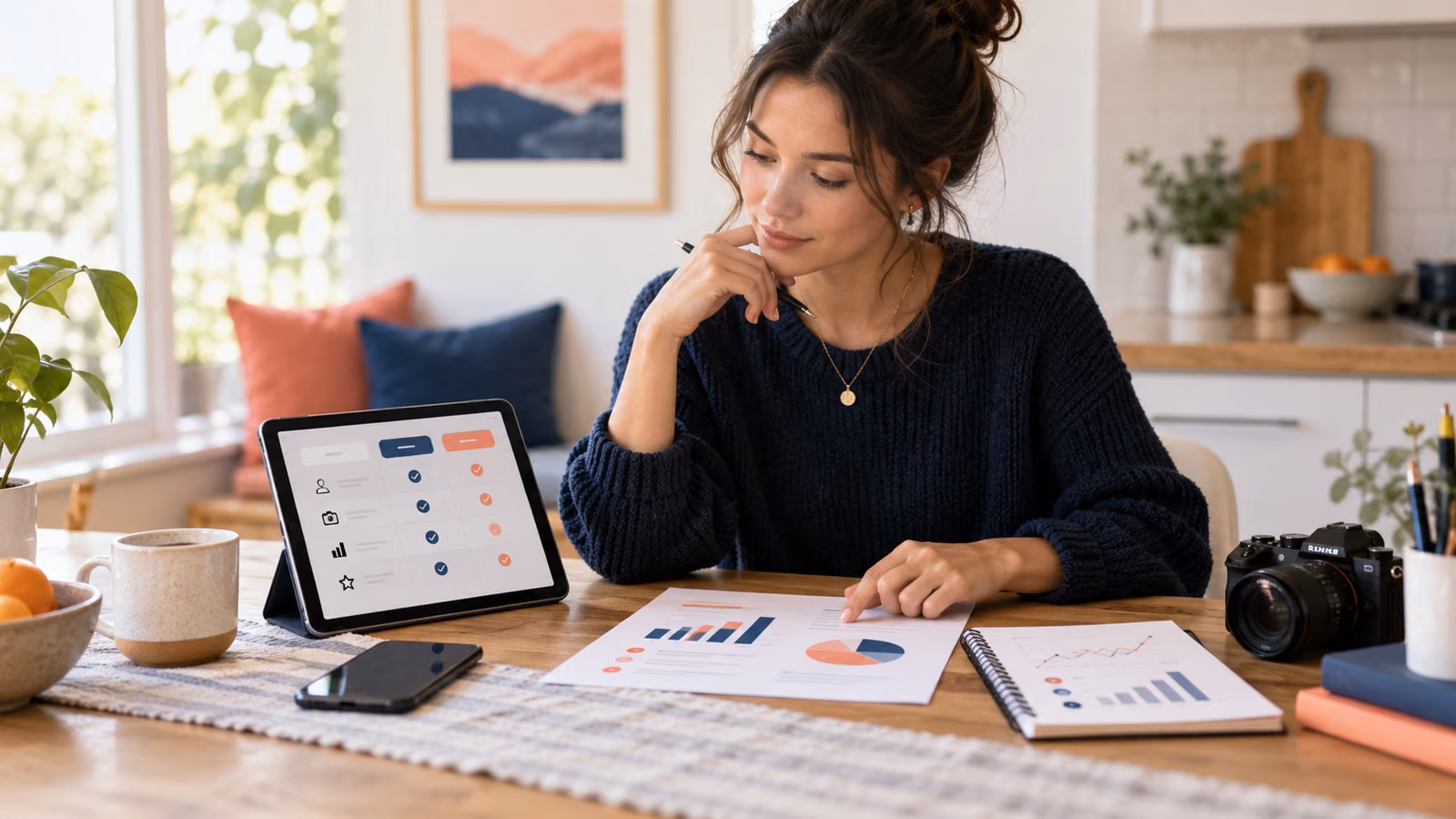 Independent creator comparing a social subscription feature matrix, analytics, and monthly budget at a bright table