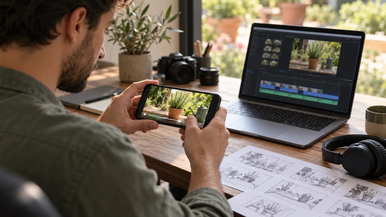 Illustrative AI-generated photo of a phone with a video preview beside earphones and a paper export review card