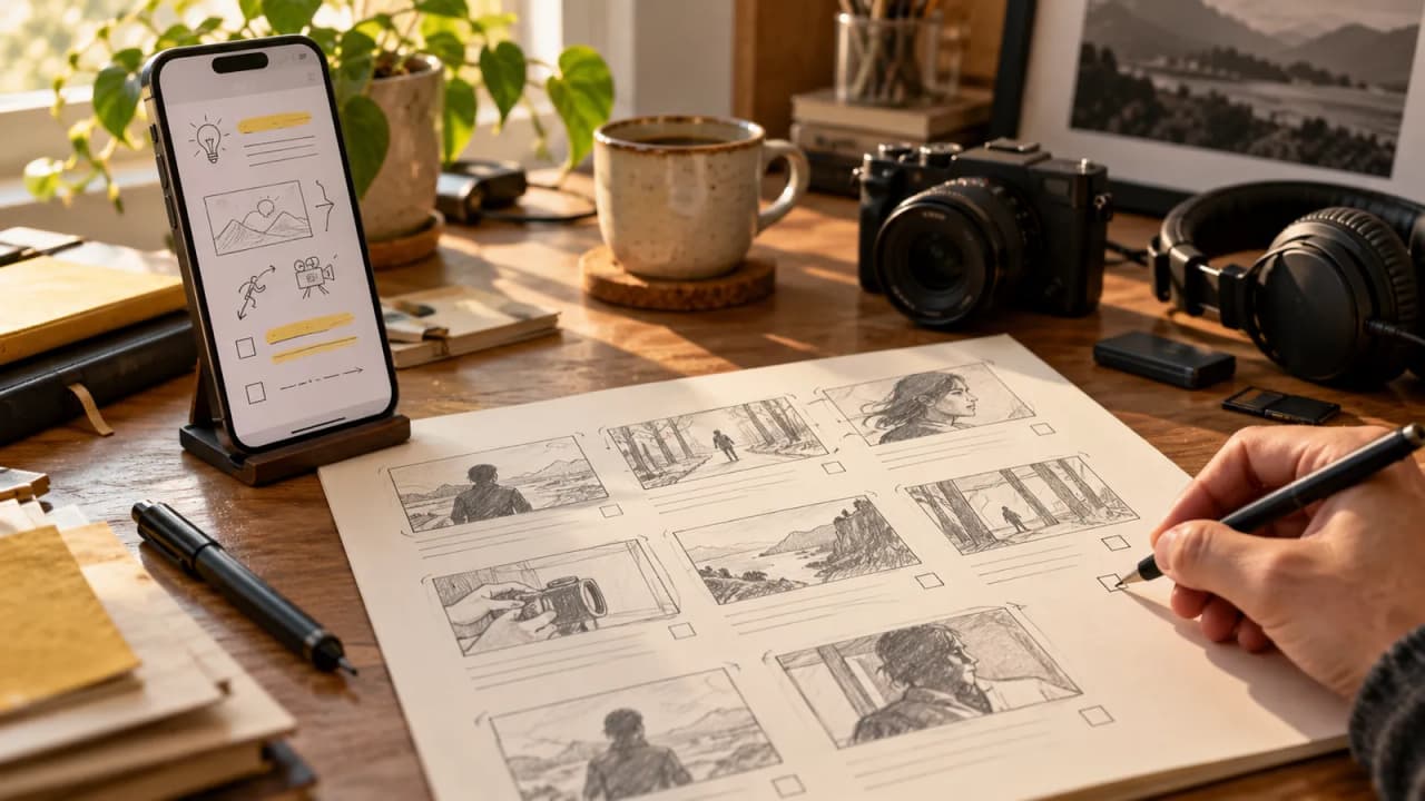 Illustrative AI-generated photo of a phone, camera, storyboard cards, and a paper task brief on a sunlit desk