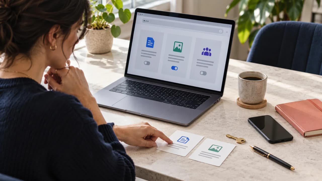 Illustrative AI-generated photo of a laptop browser, permission cards, and a key on a creator workspace
