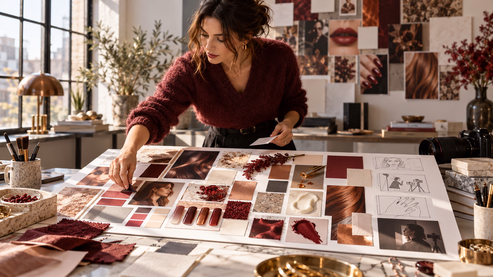 Beauty creator arranging trend references, ingredient claims, shot notes, and test variants on a visual evidence board