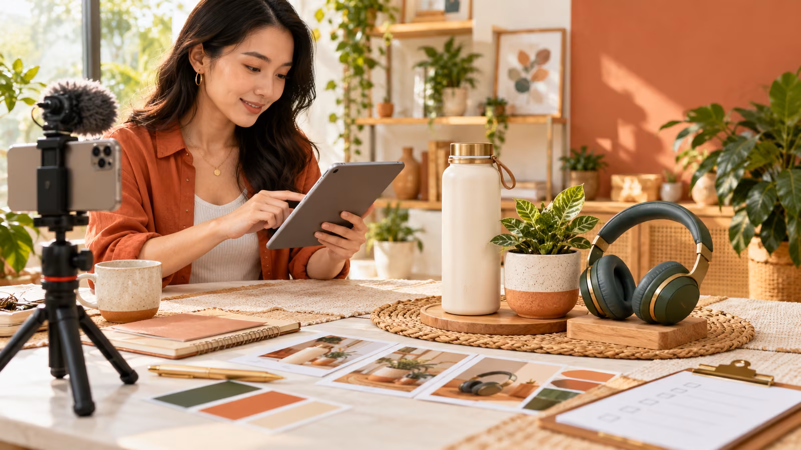 Affiliate creator reviewing a tablet beside a phone camera and a styled bundle of a bottle, plant, and headphones in a warm home studio
