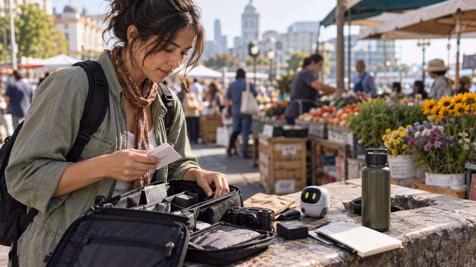 Field creator reviewing consent cards and camera gear at a market beside a small pocket AI companion